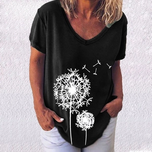 Close-up of elegant white dandelion print on women's V-neck black short sleeve T-shirt
