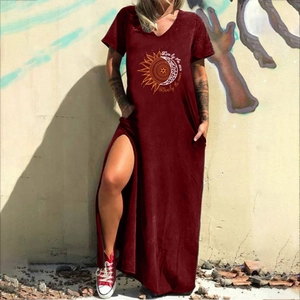 Deep reddish brown V-neck maxi dress with celestial sun moon print and side slit