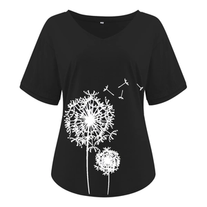 Close-up of elegant V-neckline and white dandelion print on black short sleeve t-shirt