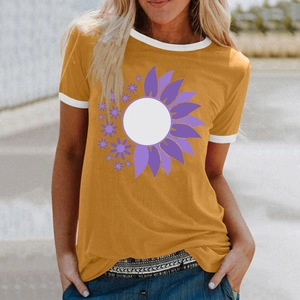 Detail of loose fit yellow t-shirt with purple sunflower print and white contrast neck