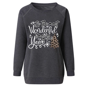 Detail of rib-knit cuffs and festive leopard Christmas tree print on grey sweatshirt