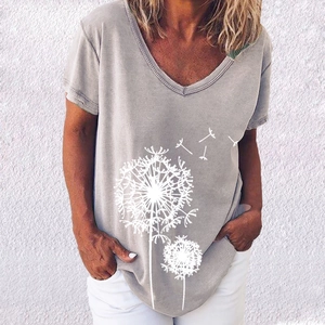 Detailed view of grey V-neck t-shirt featuring a white dandelion floral print design