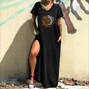 Detail of V-neck black maxi dress with side slits and sun moon print graphic