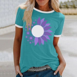 Detail of teal cotton T-shirt featuring purple floral print and white contrast trim