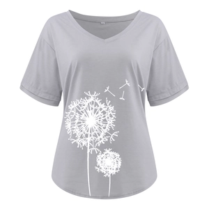 Detail of grey V-neck T-shirt showing soft fabric texture and white dandelion print