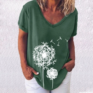 Detail shot of white dandelion print on dark green V-neck cotton blend t-shirt