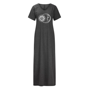 Detail of V-neckline and sun-moon print on dark grey knit short sleeve maxi dress