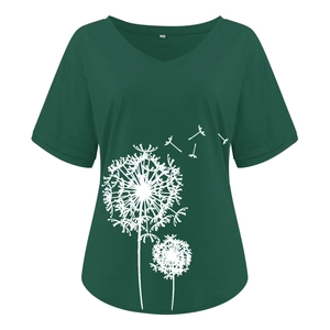 Detailed view of dark green V-neck T-shirt with white dandelion print and M size label