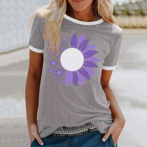 Detail of grey ringer t-shirt for women with purple sunflower graphic print and white trim