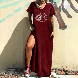 Detail of burgundy V-neck maxi dress with dandelion print and side split hem for women