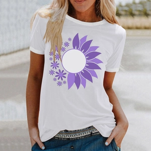 Close-up of artistic purple daisy and sunflower print on a white cotton t-shirt