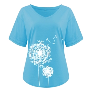 Detail of light blue V-neck T-shirt showing white dandelion print and size M label