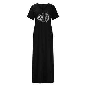 Detail of V-neck short sleeve maxi dress with white sun and moon print on black fabric