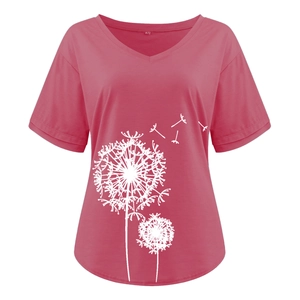 Detail of V-neckline on a pink t-shirt with white dandelion print and M-size label