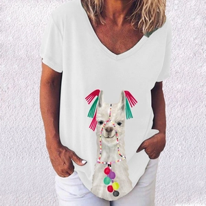 Detail shot of white V-neck T-shirt featuring a colorful creative alpaca graphic print