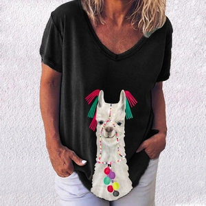 Detailed close-up of a black V-neck T-shirt with an artistic llama print and tassels