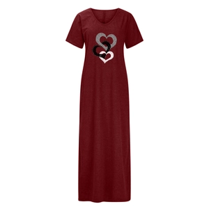 Detail of V-neck maxi dress in wine red featuring triple interlocking heart print design