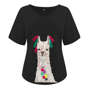 Detail view of V-neck cotton T-shirt featuring alpaca print and size M label