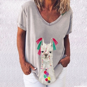 Detailed view of grey V-neck t-shirt featuring creative alpaca art print and jewelry