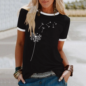 Detail of black cotton T-shirt featuring dandelion print and white contrast neck trim
