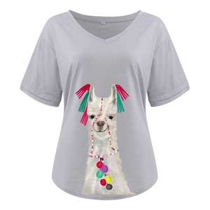 Close-up of V-neckline with size M label and artistic llama print on gray cotton T-shirt