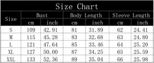 Size chart for women's V-neck printed cotton linen shirt including bust and sleeve measurements