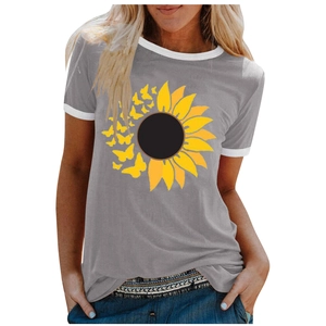 Detail of grey cotton T-shirt featuring a sunflower and butterfly print with contrast collar