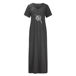 Detailed view of dandelion print on dark grey V-neck dress with soft knit texture