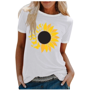 Detail of sunflower and butterfly print on white loose-fit cotton t-shirt for women