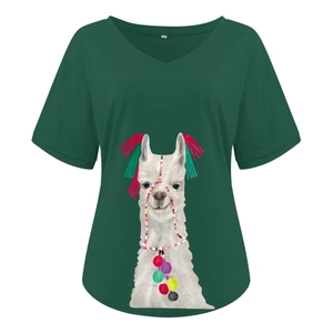 Detail view of V-neck short sleeve green t-shirt with colorful cartoon alpaca print