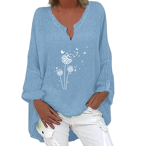 Detail of light blue V-neck linen shirt with white dandelion and butterfly print