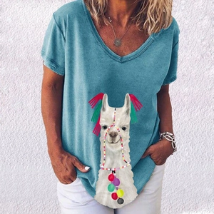 Detail of grey-blue V-neck t-shirt with colorful alpaca print and tassel decoration