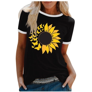 Detailed close-up of a sunflower butterfly print on a black T-shirt with white contrast edges