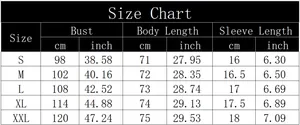 Size chart for pleated petal short sleeve top with bust and length measurements in cm/inch