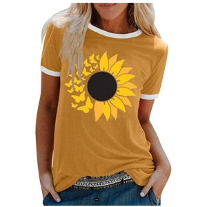 Detail of sunflower butterfly print on mustard yellow crewneck short sleeve t-shirt