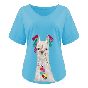 Detail of light blue V-neck T-shirt showing size M and cute llama graphic print