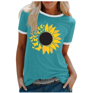 Detail of teal t-shirt with sunflower and butterfly print and white ringer neckline