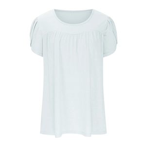 Detail of light blue short sleeve t-shirt featuring pleated chest seam and crew neckline