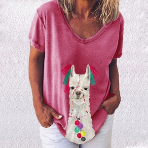 Detail of V-neck short sleeve T-shirt featuring a cartoon llama print on dusty pink fabric