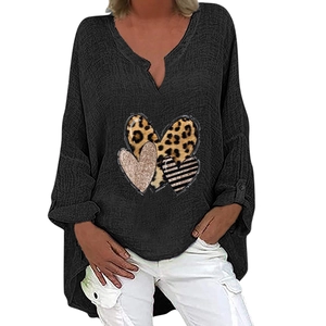Detail of dark grey V-neck waffle knit sweatshirt with three leopard and glitter hearts