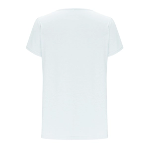 Back view of a minimalist round neck pleated short sleeve T-shirt in light white fabric