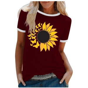 Detail of burgundy T-shirt with sunflower butterfly print and white contrast trim
