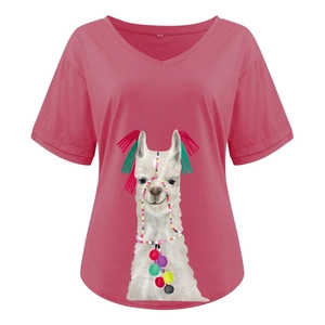 Detail of V-neck pink t-shirt with colorful alpaca graphic print and decorative pom-poms