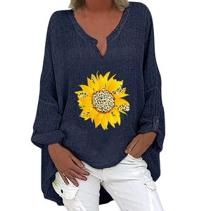 Detail of V-neck cotton linen shirt featuring leopard print sunflower pattern and high-low hem
