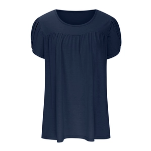 Detail view of navy blue pleated round neck top with stylish puff sleeves for women