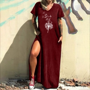 Detail of dark red V-neck maxi dress with white dandelion print and high side slit