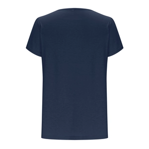 Rear view of a navy blue crew neck T-shirt with high-quality cotton texture finish