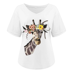 Detail of V-neck white T-shirt featuring a colorful floral giraffe art print and size label