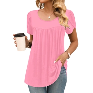Pink short sleeve round neck T-shirt with pleated empire waist for a sweet casual look