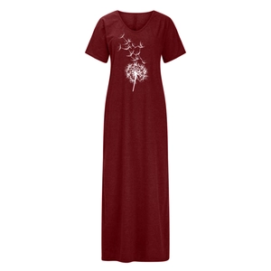 Detail of wine red V-neck dress featuring dandelion print and soft knit texture